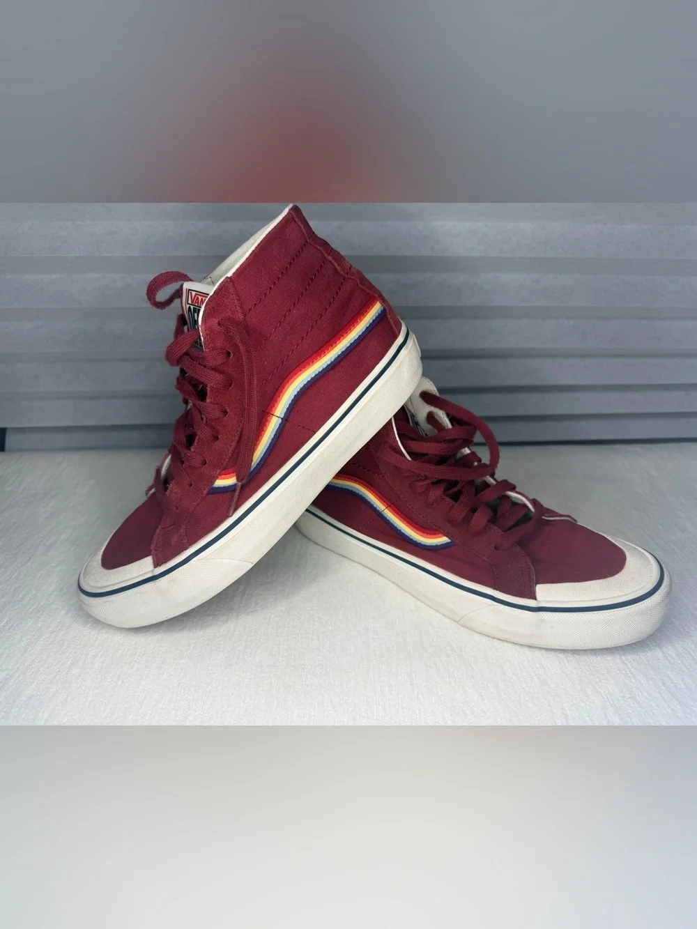 Vans SK8 Burgundy High-Top Sneakers with Rainbow Stripe M8/W9.5